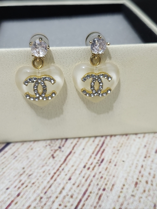 Handmade Jewelry - CHANEL White and Gold Heart Drop Earrings with Crystal CC